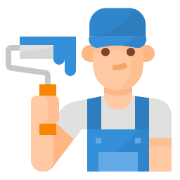 painter with a roller wearing blue overalls